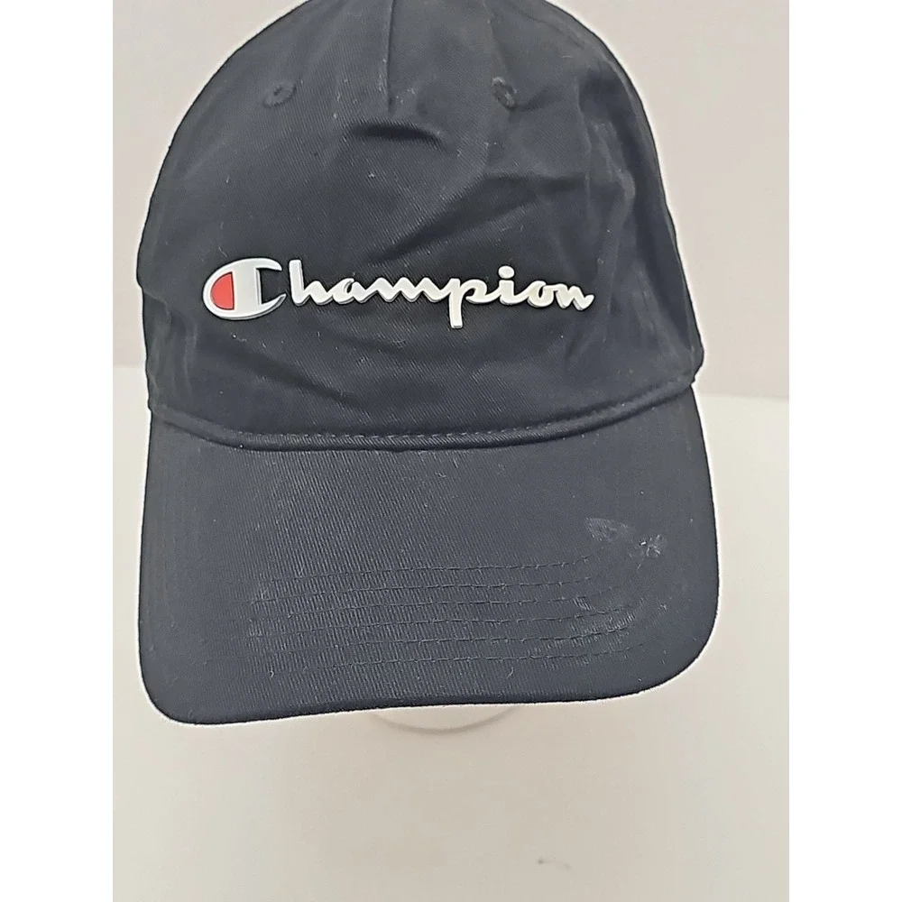 Champion Hat Cap Strap‎ Back Adjustable Spellout Script Logo Baseball Hat Black